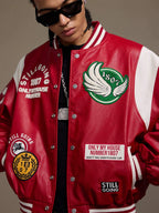 1807 PU Leather Patchwork Varsity Jacket