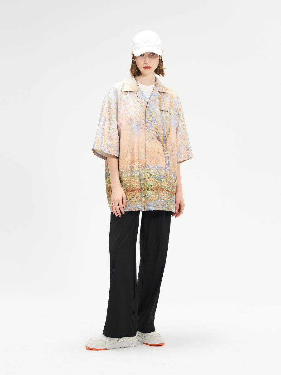 Harsh and Cruel Vintage Forest Lake Oil Painting Cuban Shirt