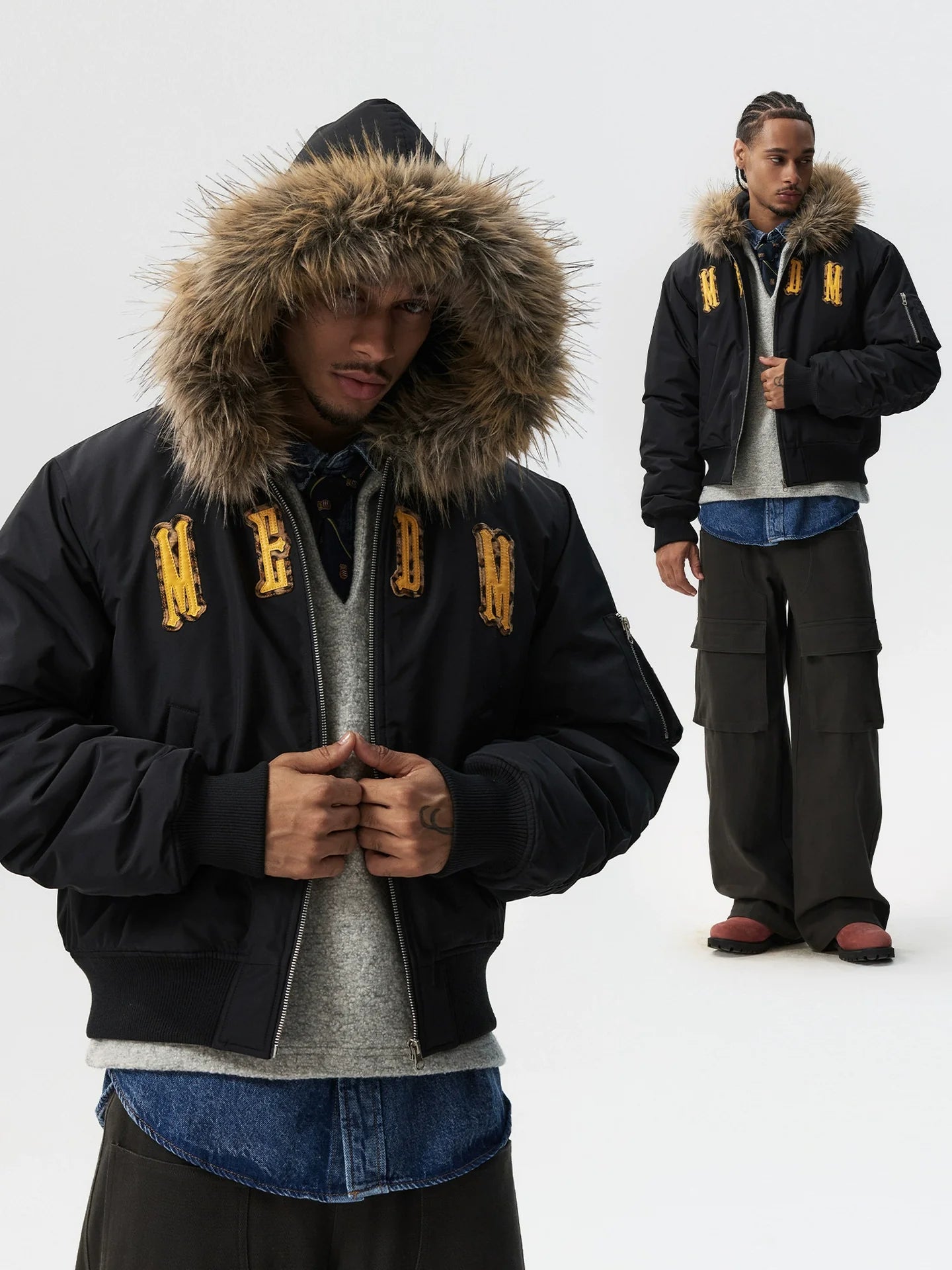 MEDM Animal Logo Patch Fur Hooded Bomber Jacket