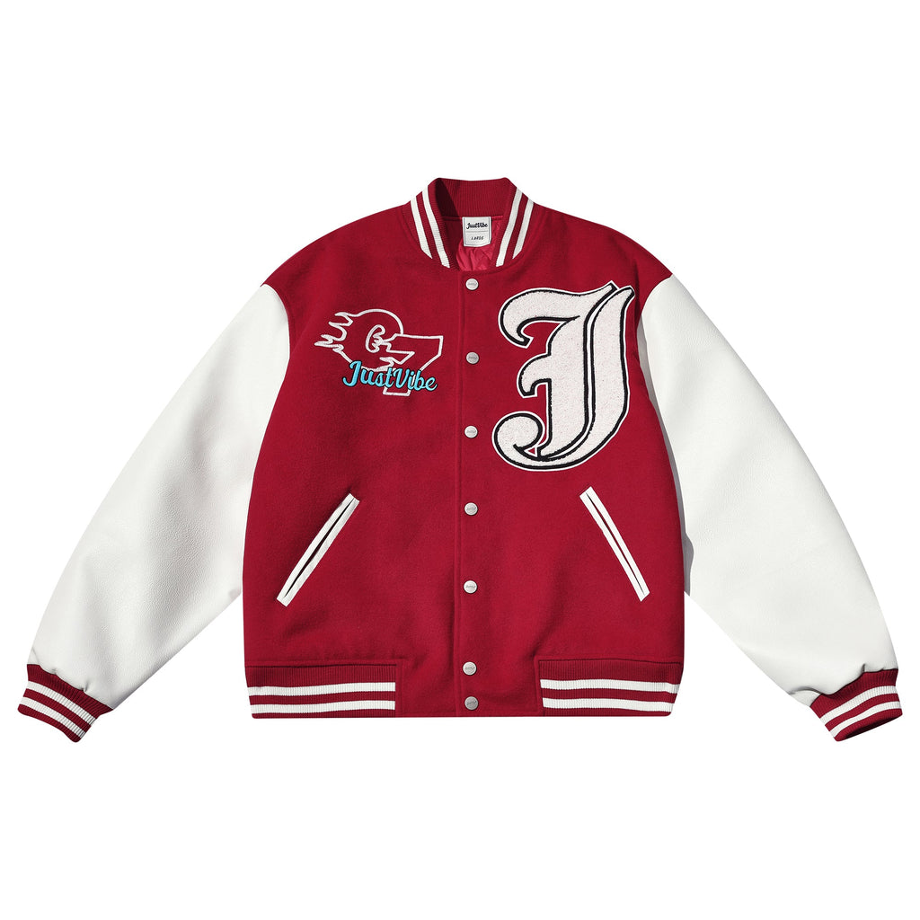 JUST VIBE Terry Big JV Logo PU Leather Varsity Jacket