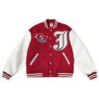 JUST VIBE Terry Big JV Logo PU Leather Varsity Jacket