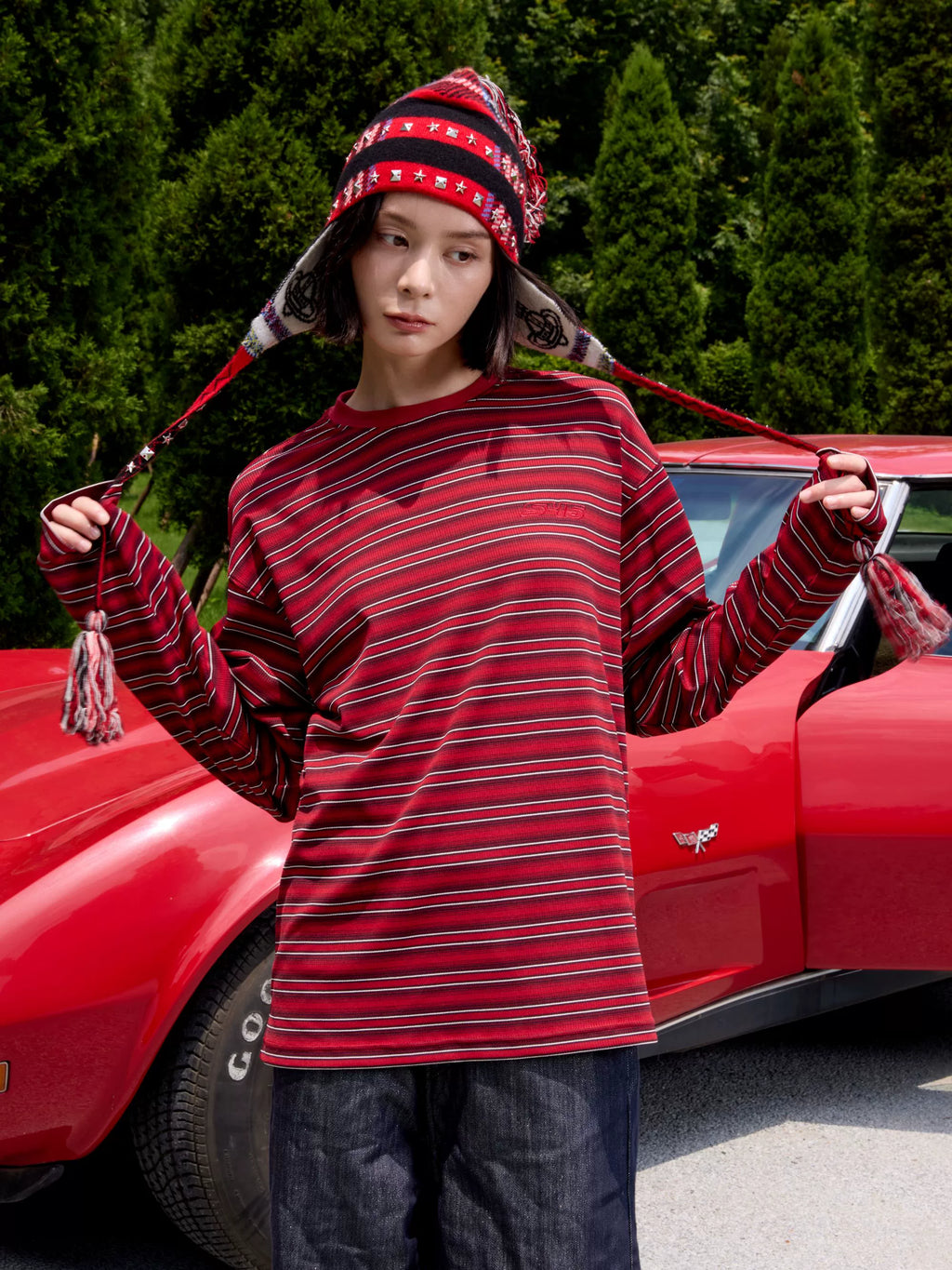 S45 Rhinestone Flame Stripe Long Sleeve Tee
