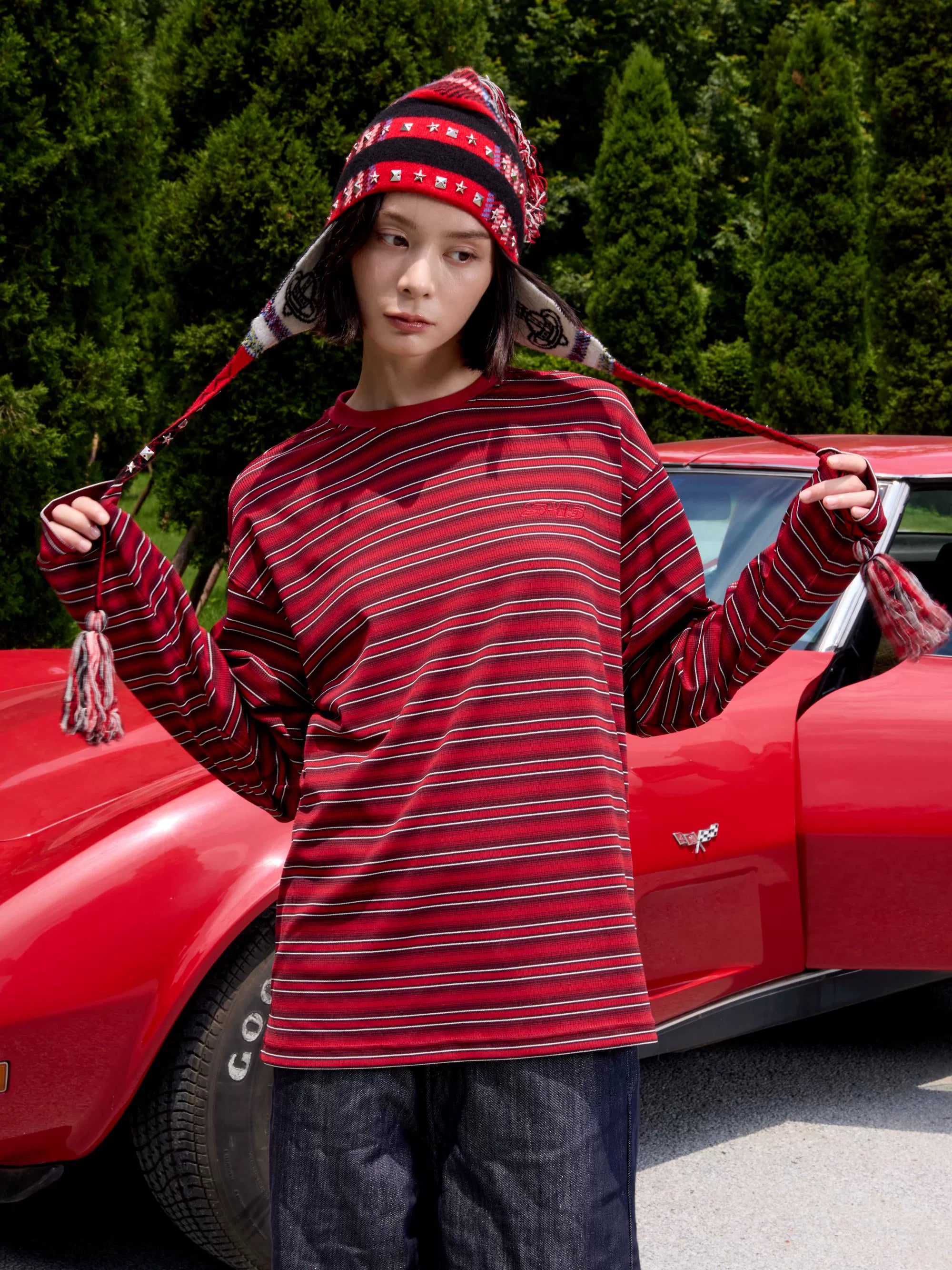 S45 Rhinestone Flame Stripe Long Sleeve Tee