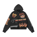 1807 Racing Graffiti Printed Washed Zip Up Hoodie