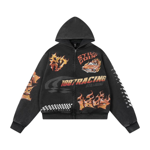 1807 Racing Graffiti Printed Washed Zip Up Hoodie