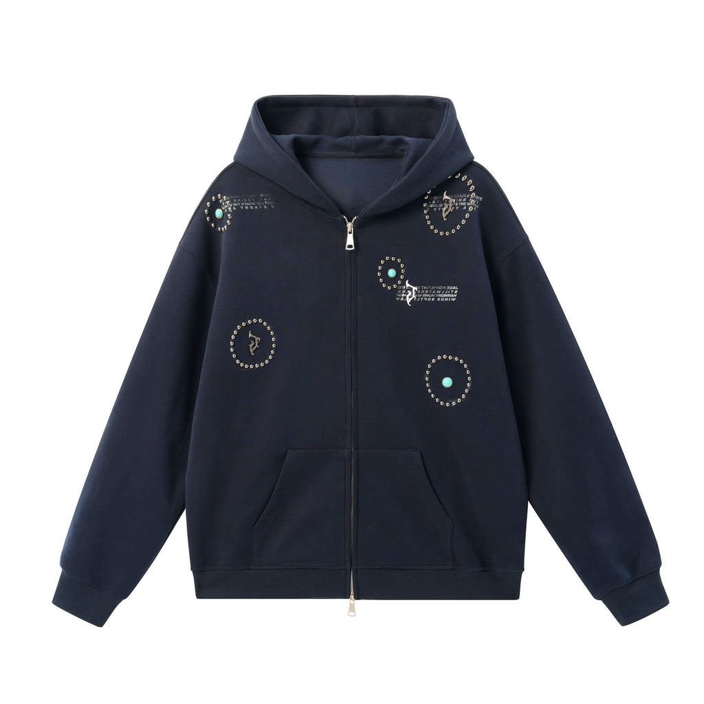 JHYQ Turquoise Accent Metal Logo Studded Circle Double Zipper Hoodie