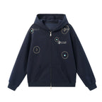 JHYQ Turquoise Accent Metal Logo Studded Circle Double Zipper Hoodie