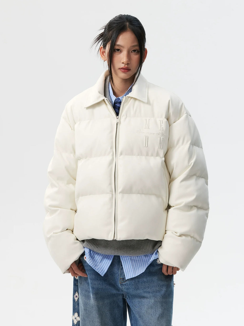 MEDM PU Leather 3D Embroidered Puffer Jacket