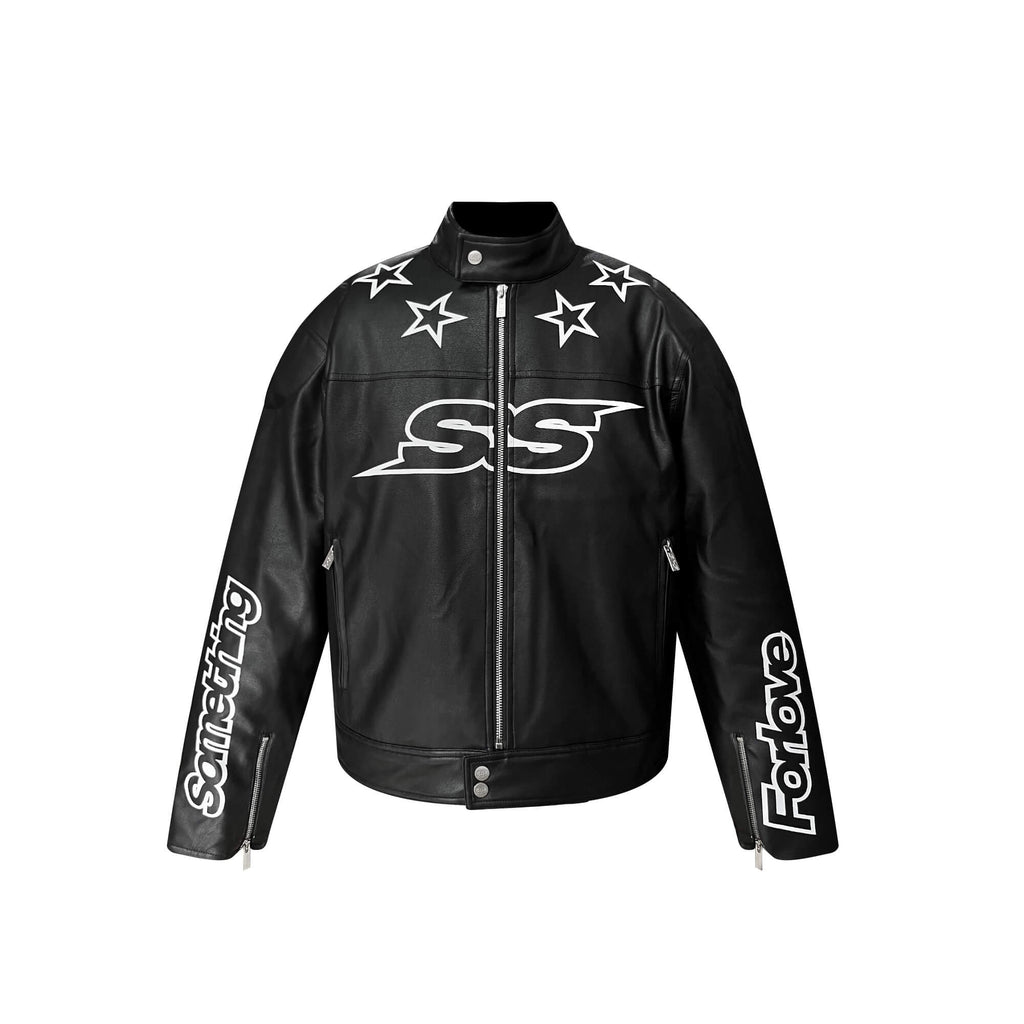 S45 Star Print PU Leather Leopard Lined Biker Jacket