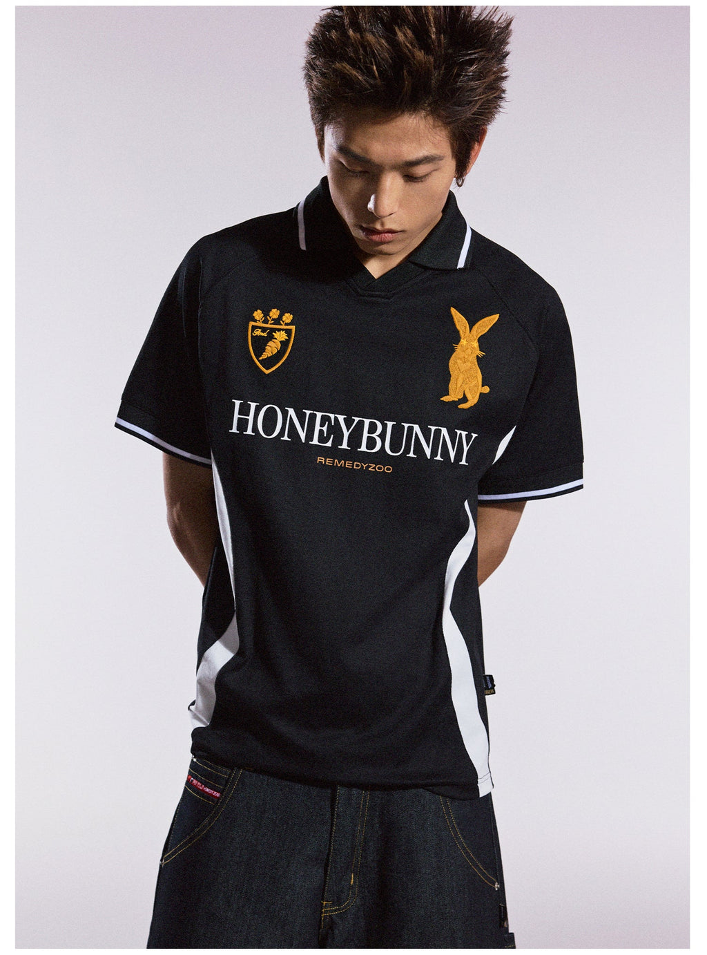 Remedy HONEYBUNNY Rabbit Embroidered Soccer Jersey Polo Shirt