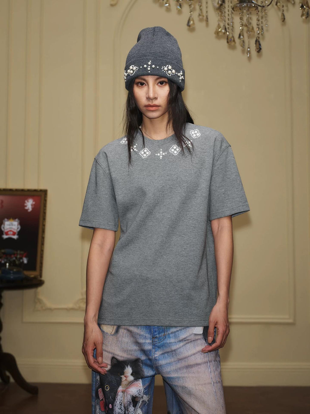 YADcrew Four Leaf Clover Pearl Neckline Tee