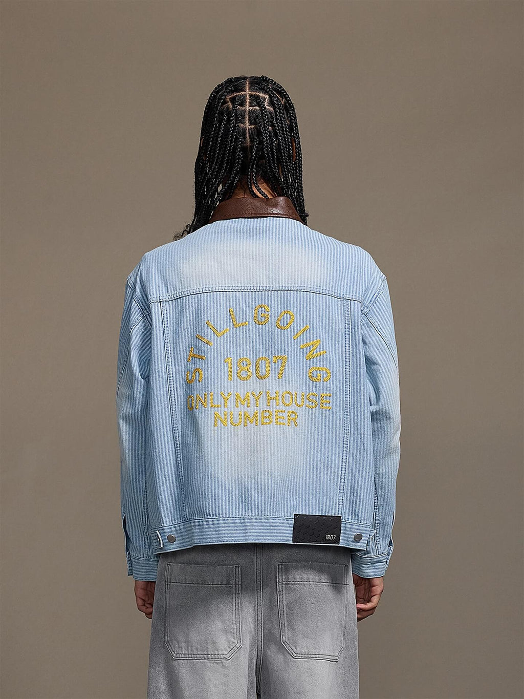 1807 Chain Stitch Embroidered Striped Washed Denim Jacket