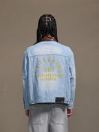 1807 Chain Stitch Embroidered Striped Washed Denim Jacket