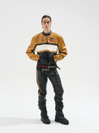 BLIND NO PLAN Color Block Short Racing Leather Jacket