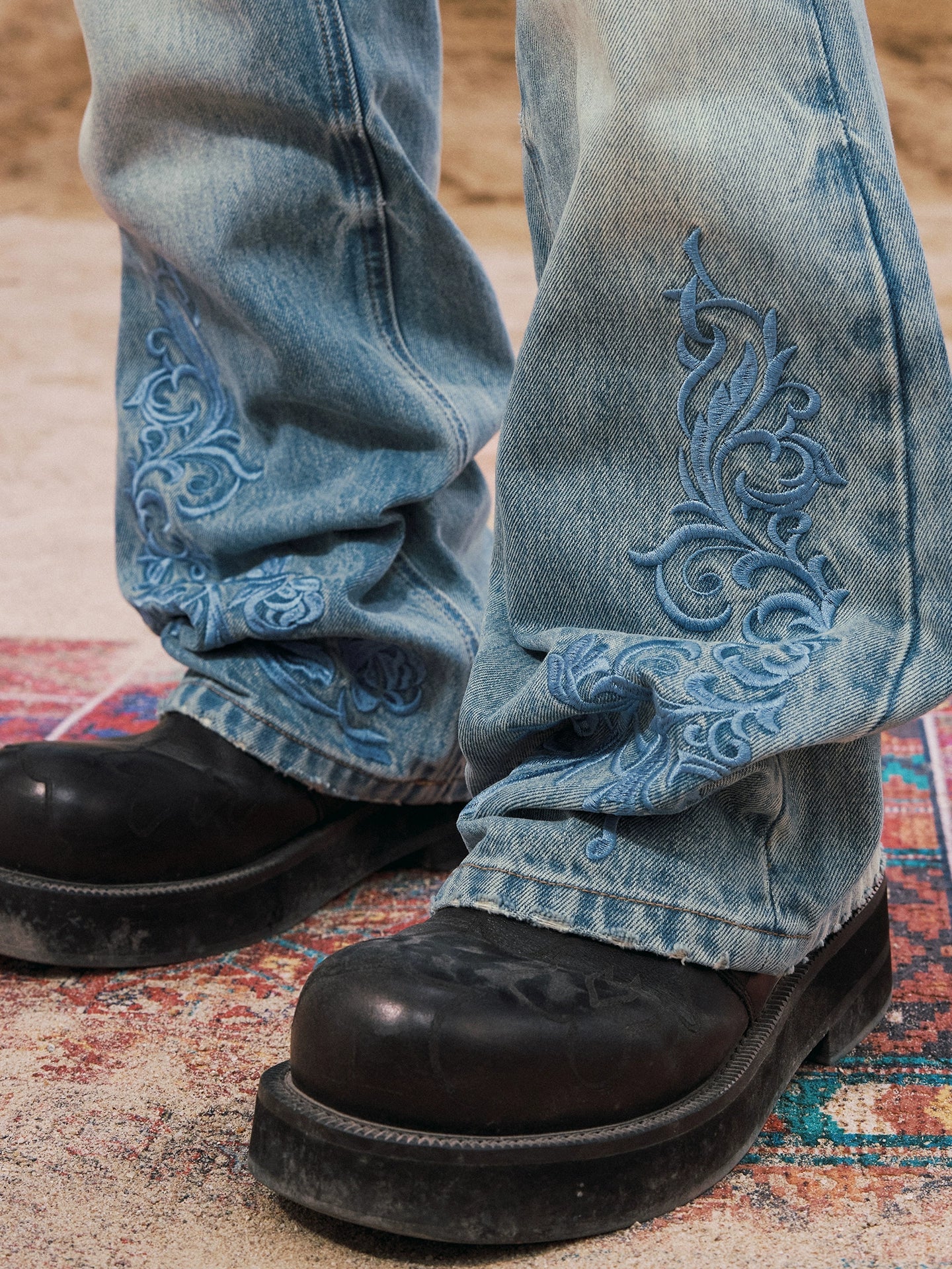YADcrew Snap Button 3D Embroidery Washed Jeans