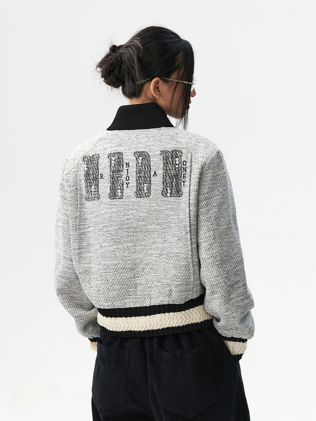 MEDM Pearl Tweed Short Varsity Jacket