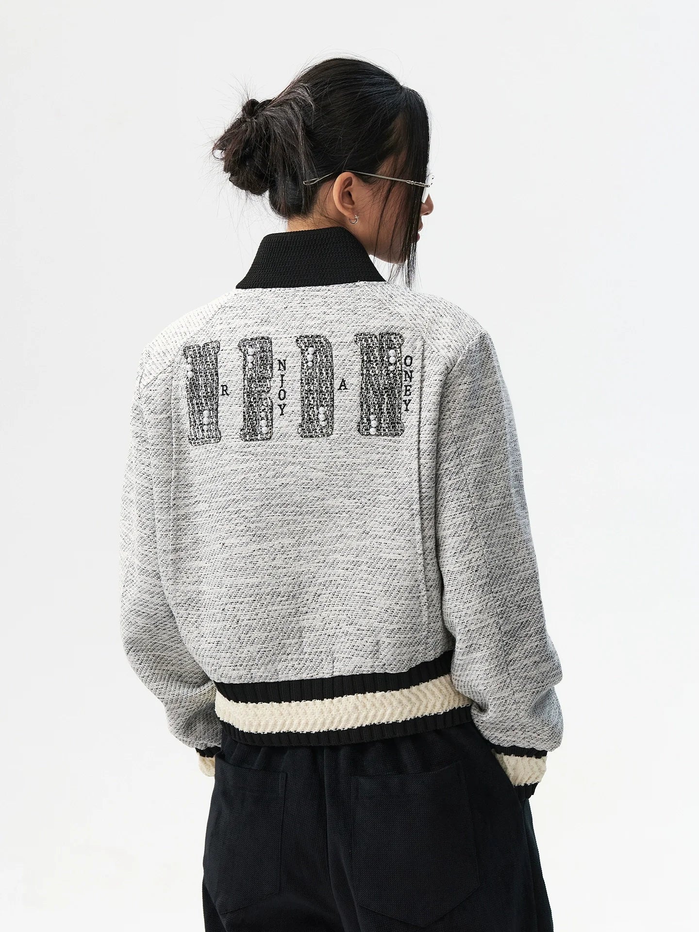 MEDM Pearl Tweed Short Varsity Jacket