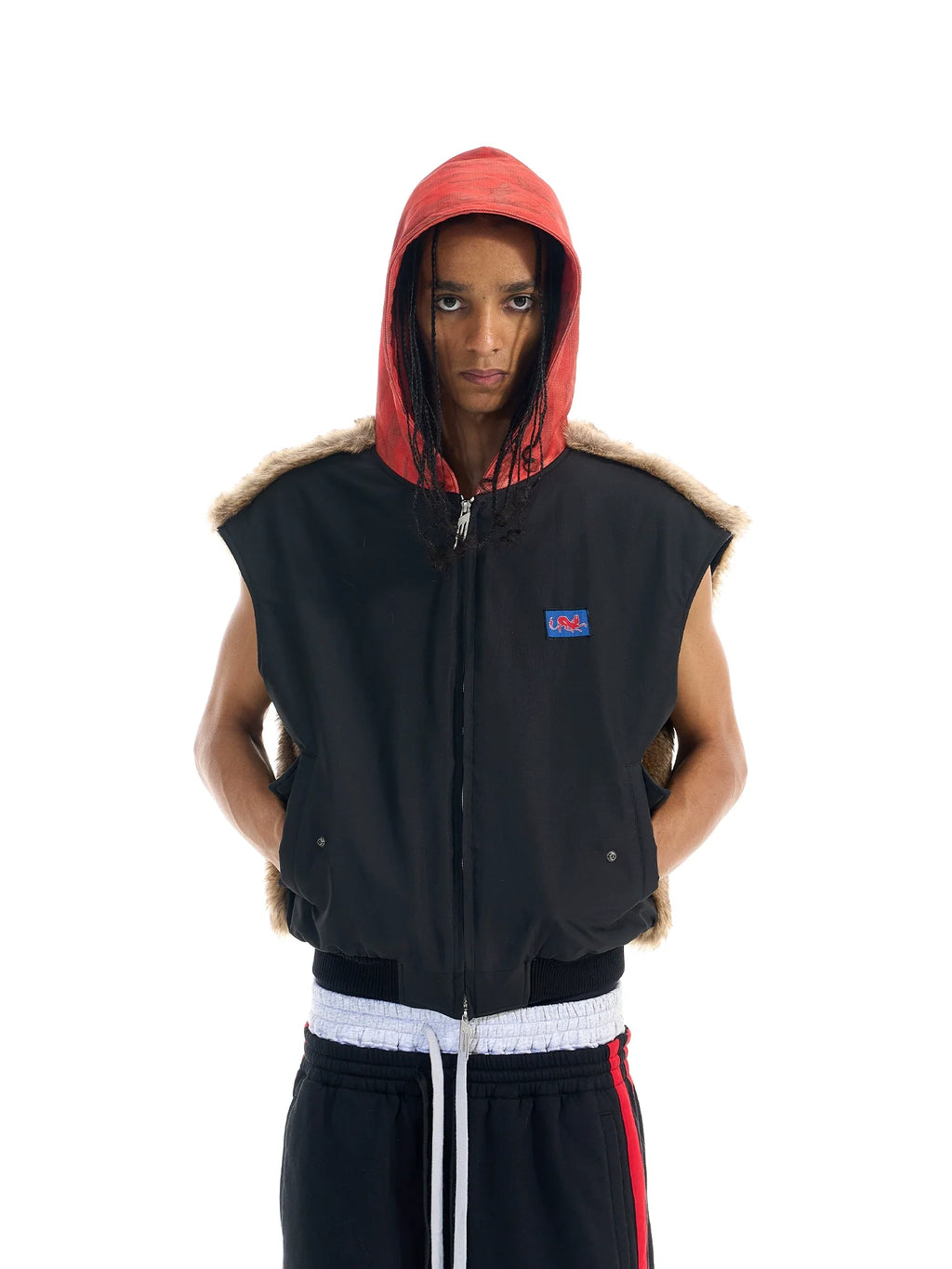 BLIND NO PLAN Patchwork Fur Hooded Vest