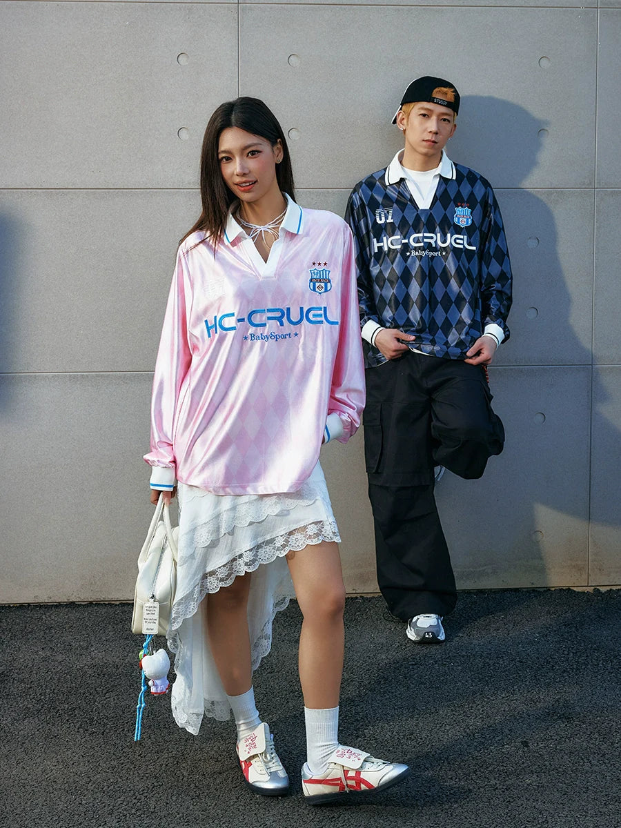 Harsh and Cruel Badge Embroidered Plaid Long Sleeve Polo Jersey