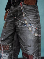 YADcrew x MEDM 3D Cloth Patch Chain Distressed Digital Print Jeans