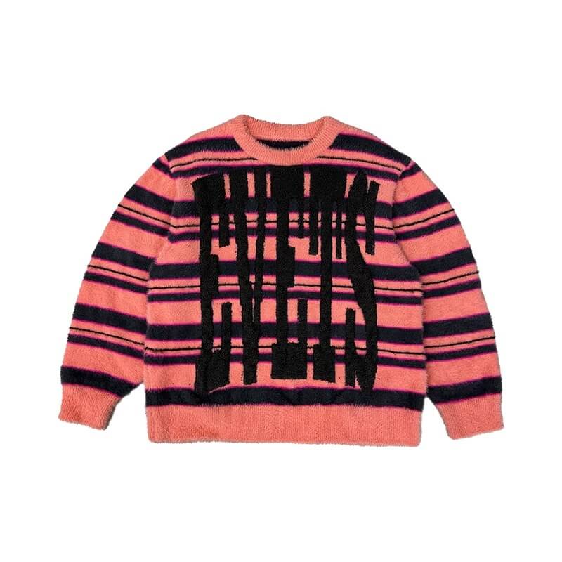 EVETS Logo Striped Fuzzy Knit Sweater