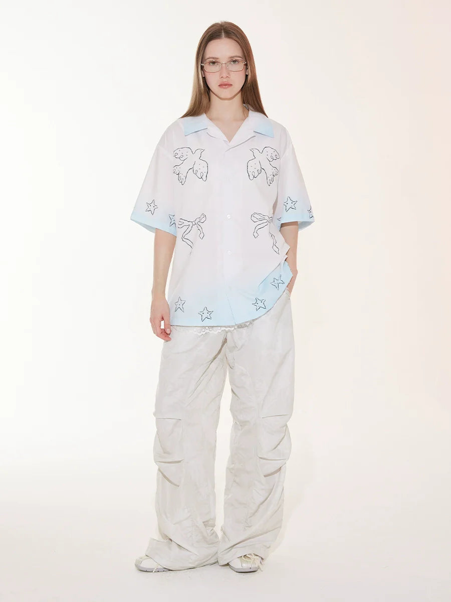 EMPTY REFERENCE Gradient Pigeon Print Short Sleeve Shirt