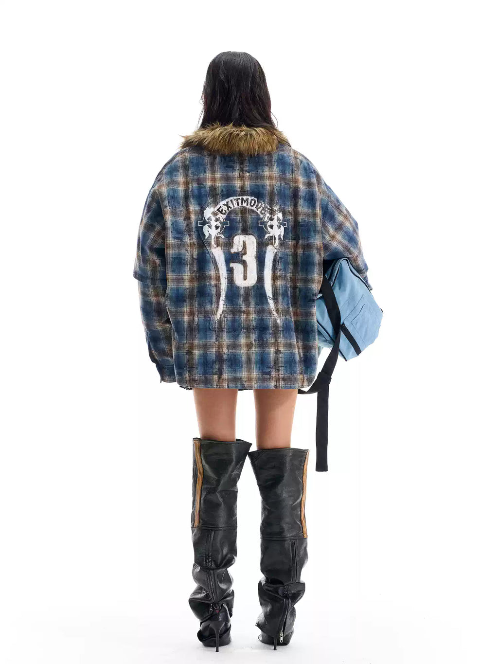 BLIND NO PLAN Fur Collar Plaid Padded Shirt Jacket