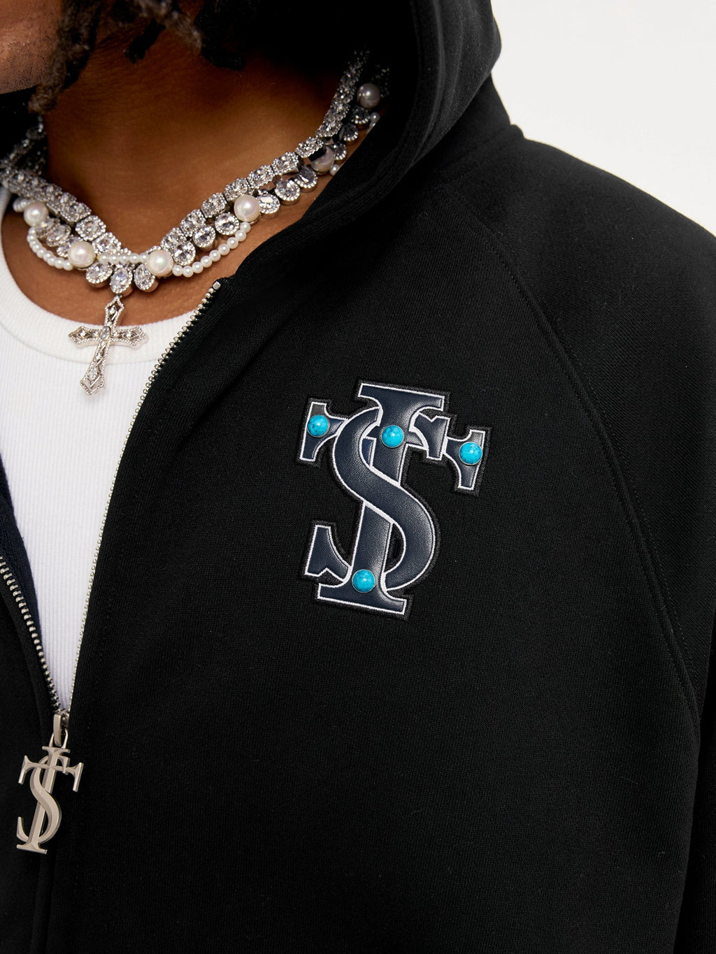 Small Town Kid Turquoise Studded Badge Embroidered Zip-Up Hoodie