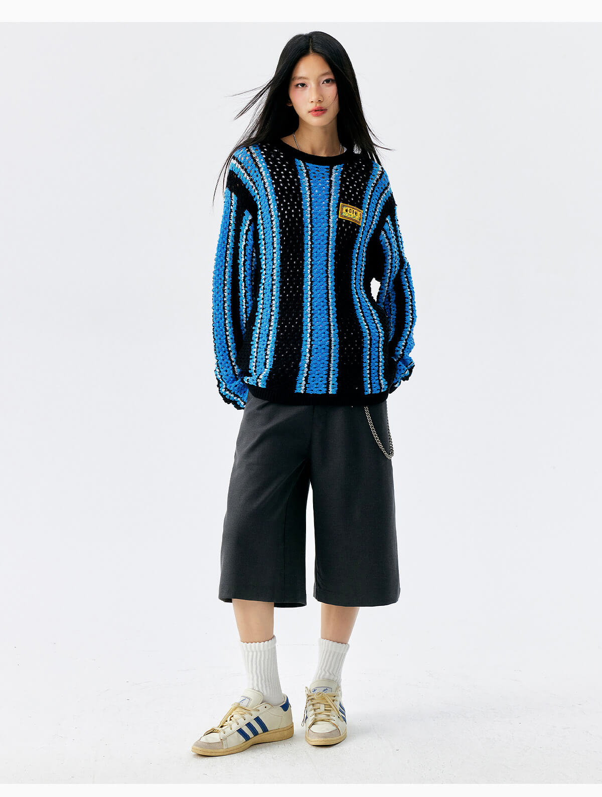 MEDM Multi Color Striped Open Knit Sweater