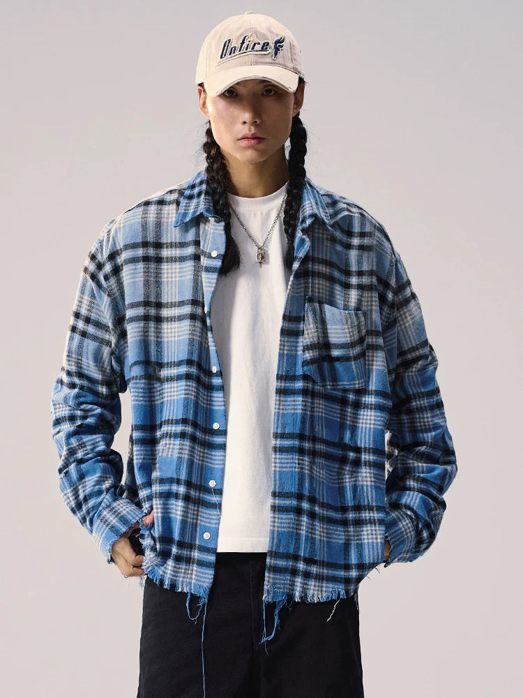Remedy Washed Gradient Plaid Cutoff Long Sleeve Shirt