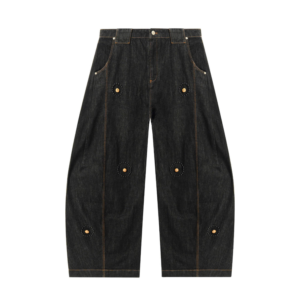 JHYQ Black Beaded Studded Curved Seam Machete Jeans