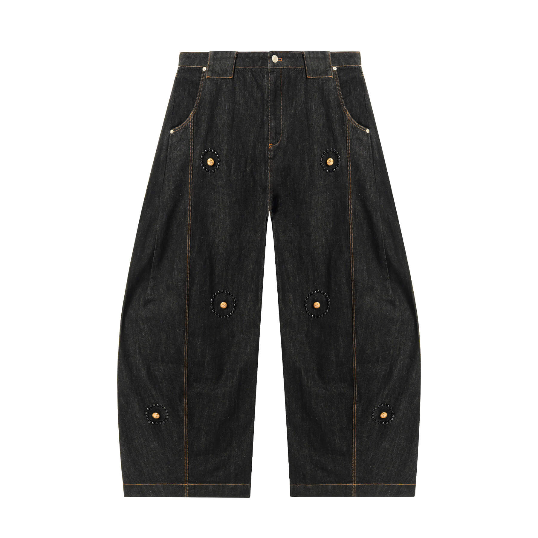 JHYQ Black Beaded Studded Curved Seam Machete Jeans