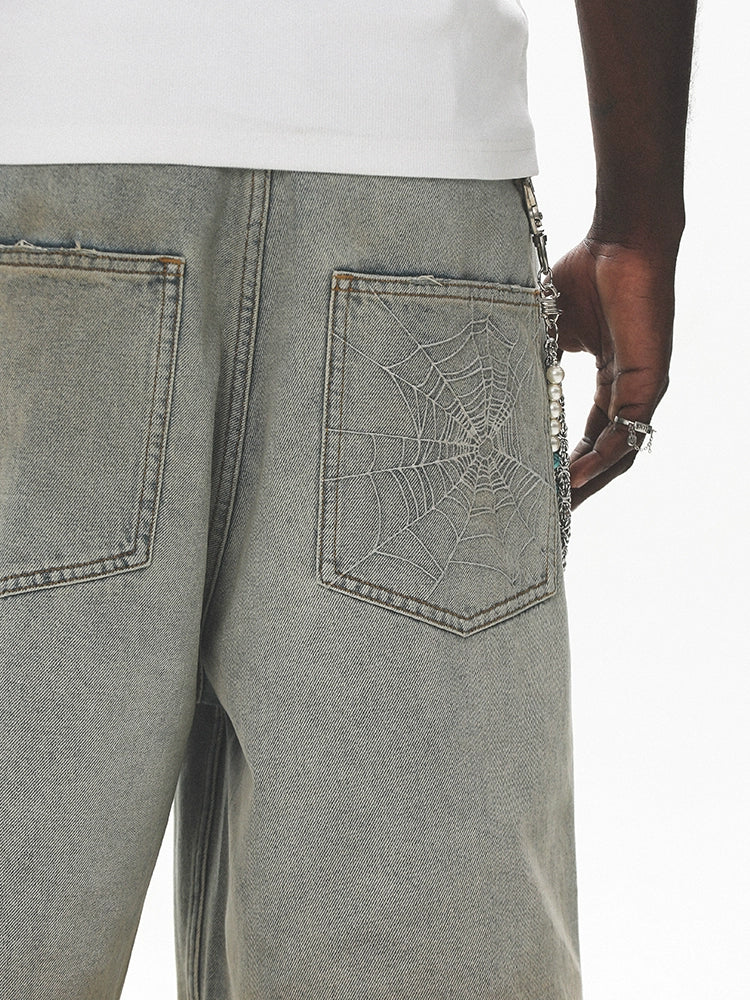 UNTILWERICH Spiderweb Embroidered Washed Distressed Denim Shorts