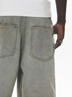 UNTILWERICH Spiderweb Embroidered Washed Distressed Denim Shorts