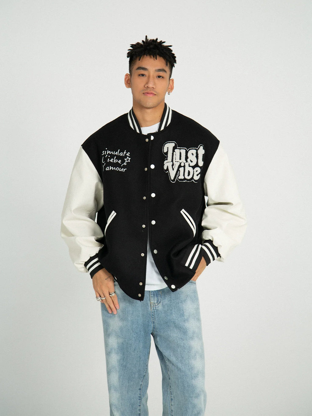 JUST VIBE Terry Embroidered Bone Logo Varsity Jacket