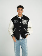 JUST VIBE Terry Embroidered Bone Logo Varsity Jacket