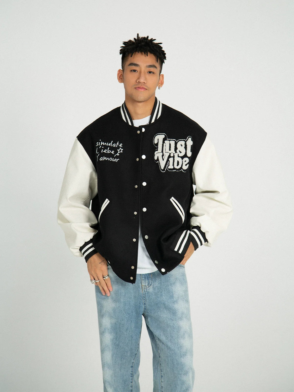 JUST VIBE Terry Embroidered Bone Logo Varsity Jacket