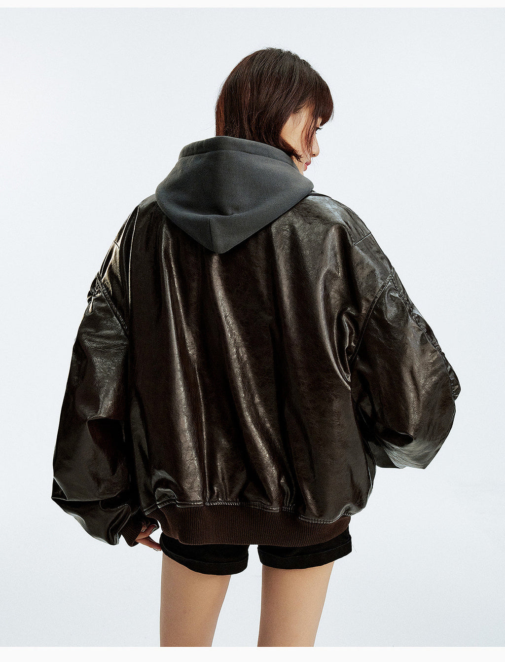 MEDM Layered Hood PU Leather Bomber Jacket
