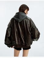 MEDM Layered Hood PU Leather Bomber Jacket