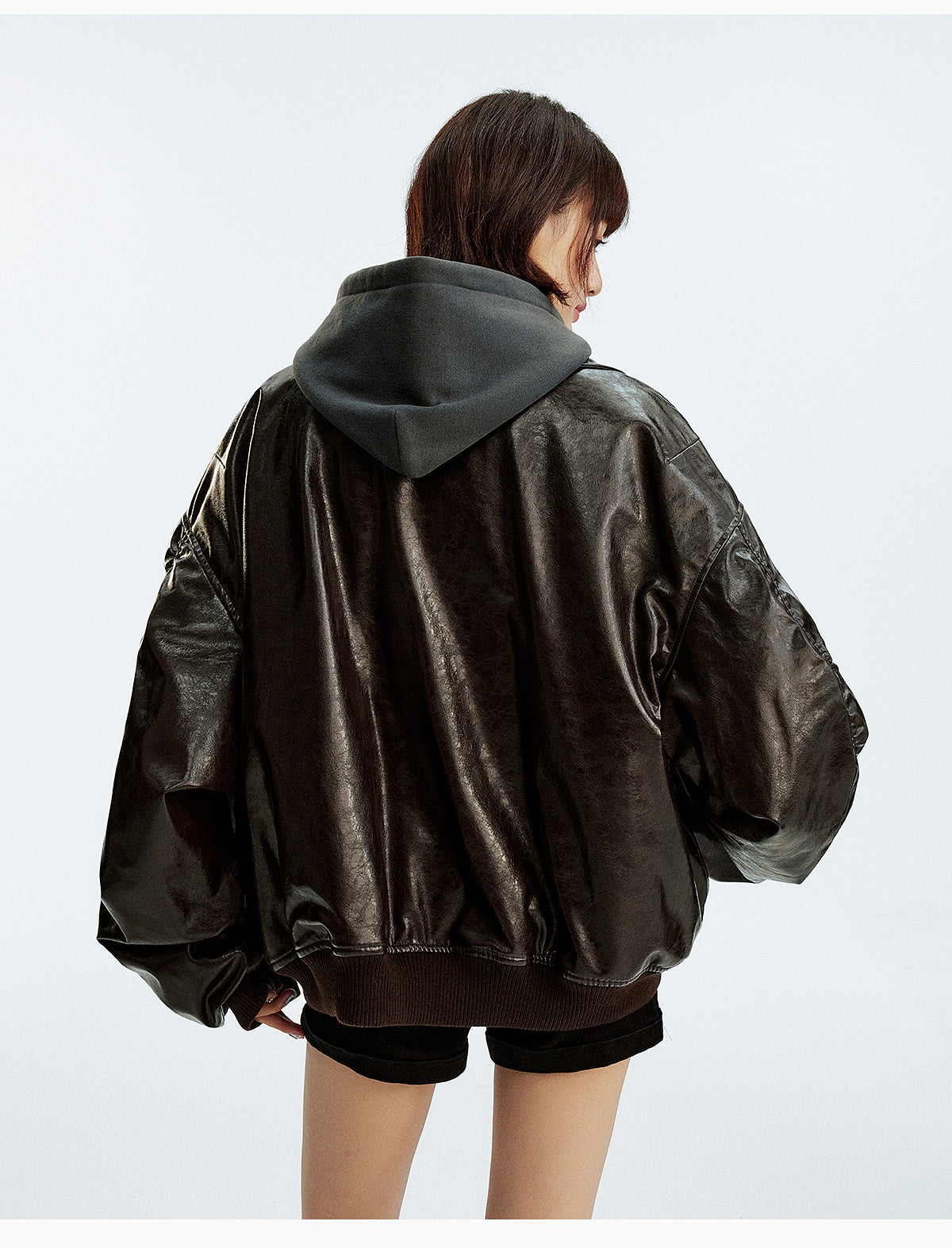 MEDM Layered Hood PU Leather Bomber Jacket