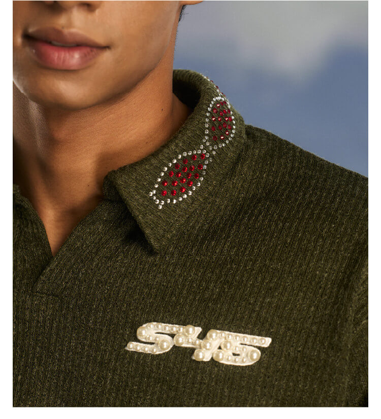 S45 Pearl and Rhinestone Long Sleeve Polo