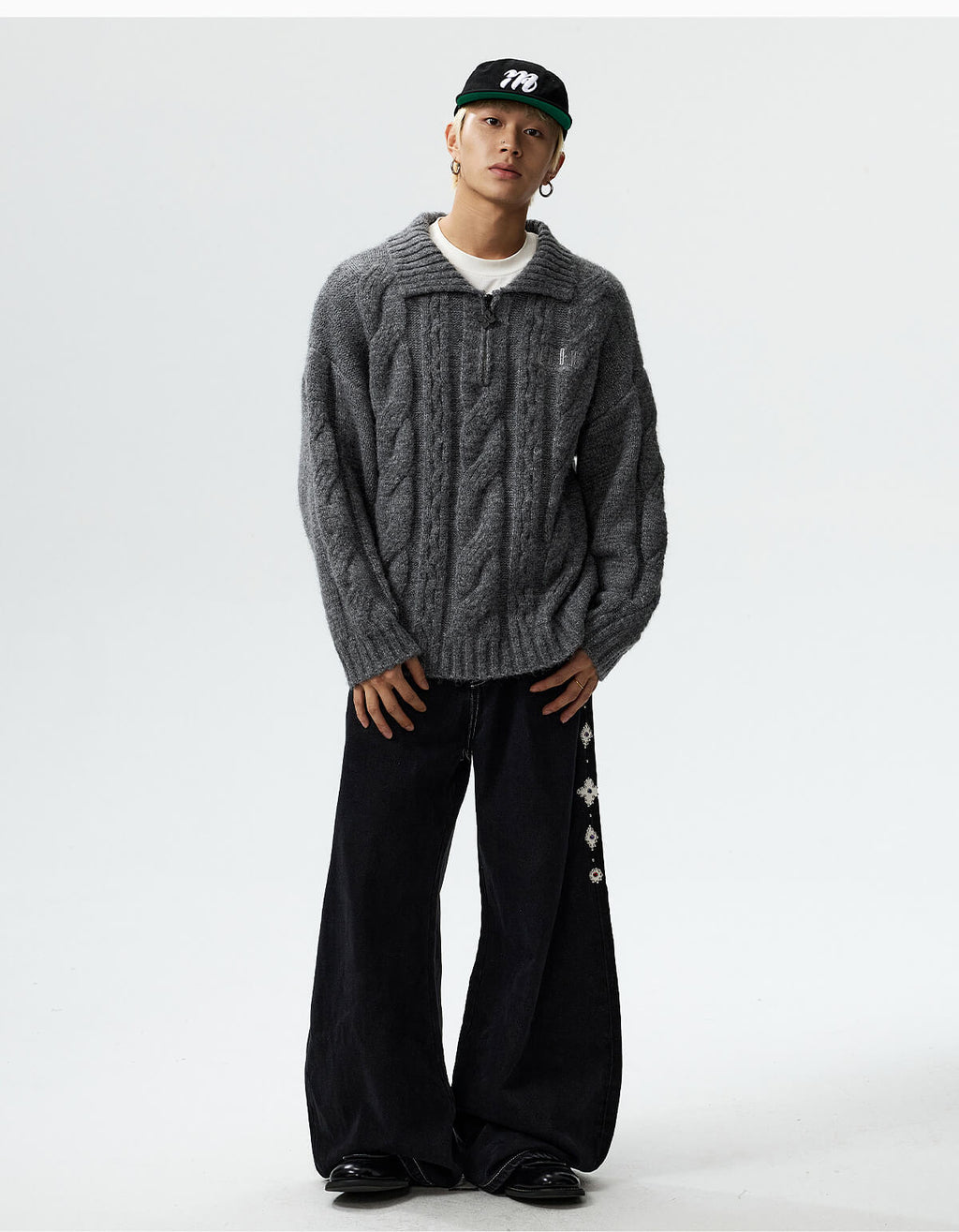 MEDM Cable Knit Half Zip Polo Sweater