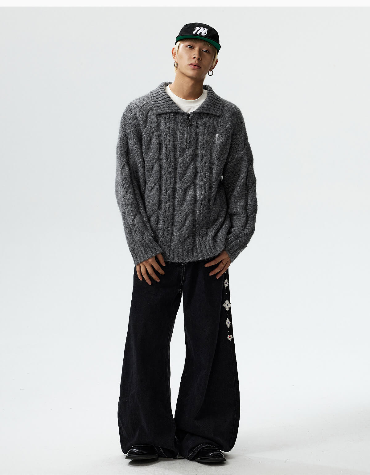 MEDM Cable Knit Half Zip Polo Sweater