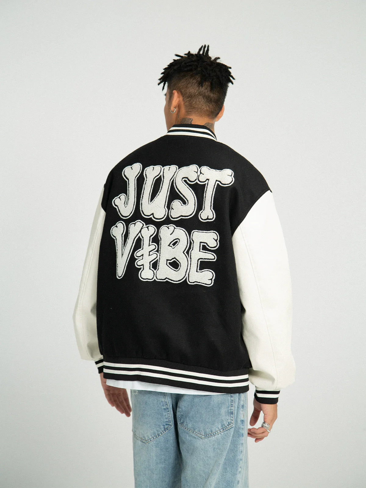 JUST VIBE Terry Embroidered Bone Logo Varsity Jacket