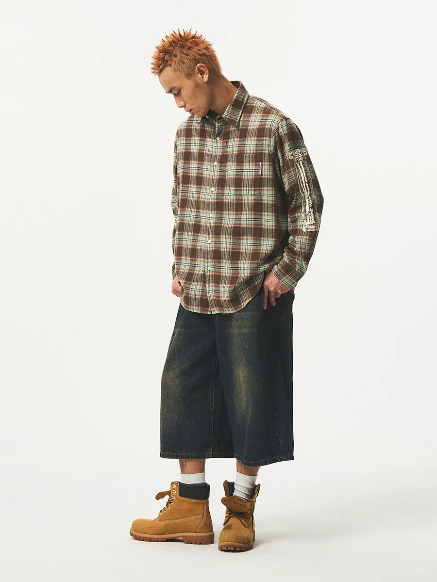 EMPTY REFERENCE Roman Column Print Plaid Long Sleeve Shirt