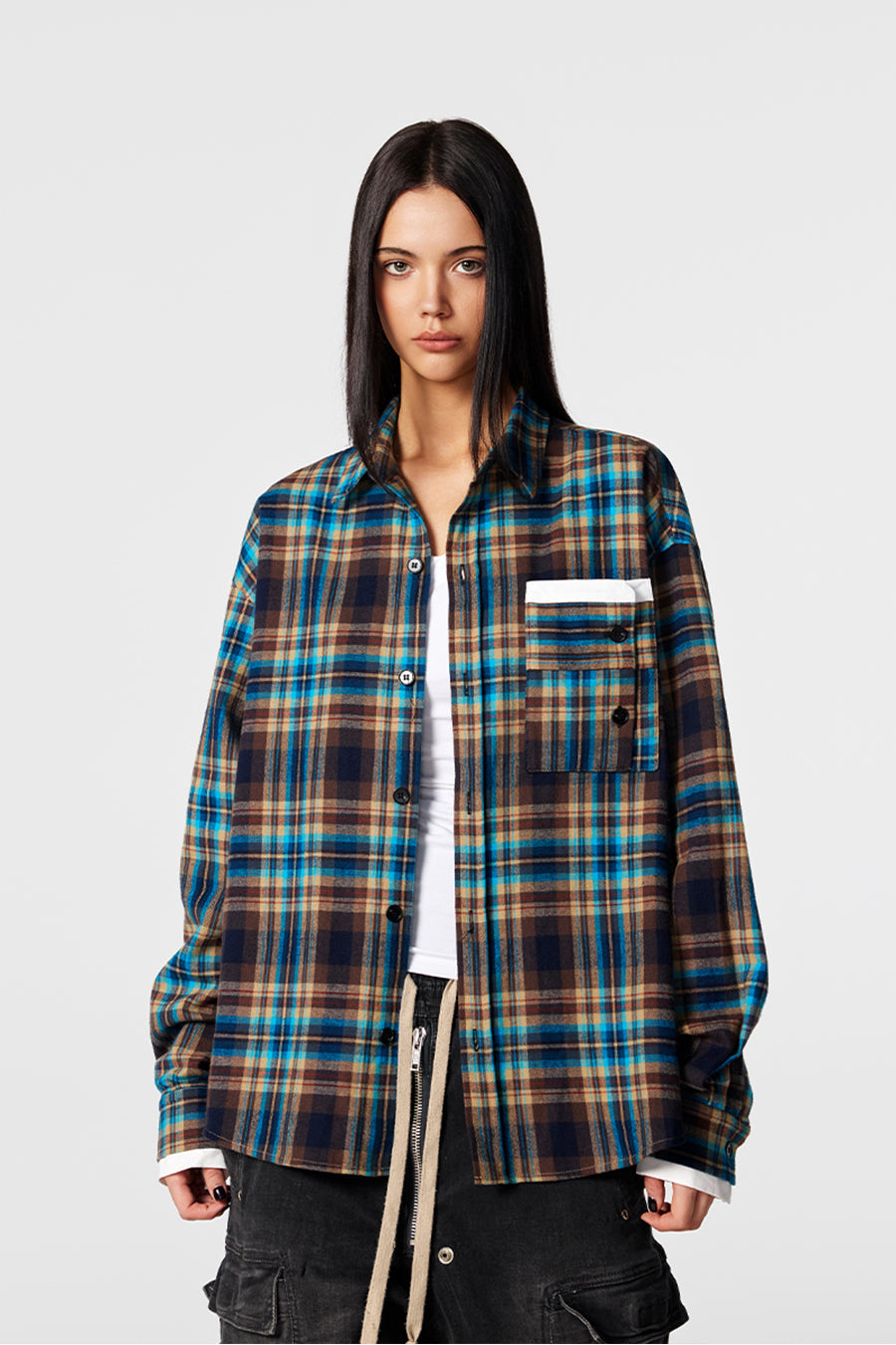 Achock Design Pocket Plaid Long Sleeved Shirt