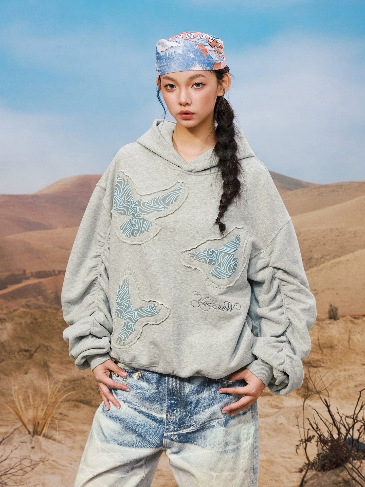 YADcrew Peace Dove Pleated Sleeves Hoodie