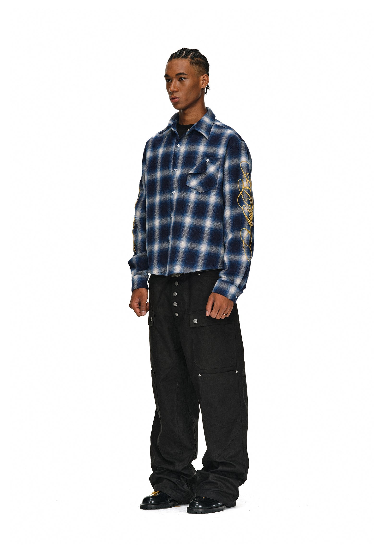 ANTIDOTE Embroidered Flannel Plaid Long Sleeve Shirt