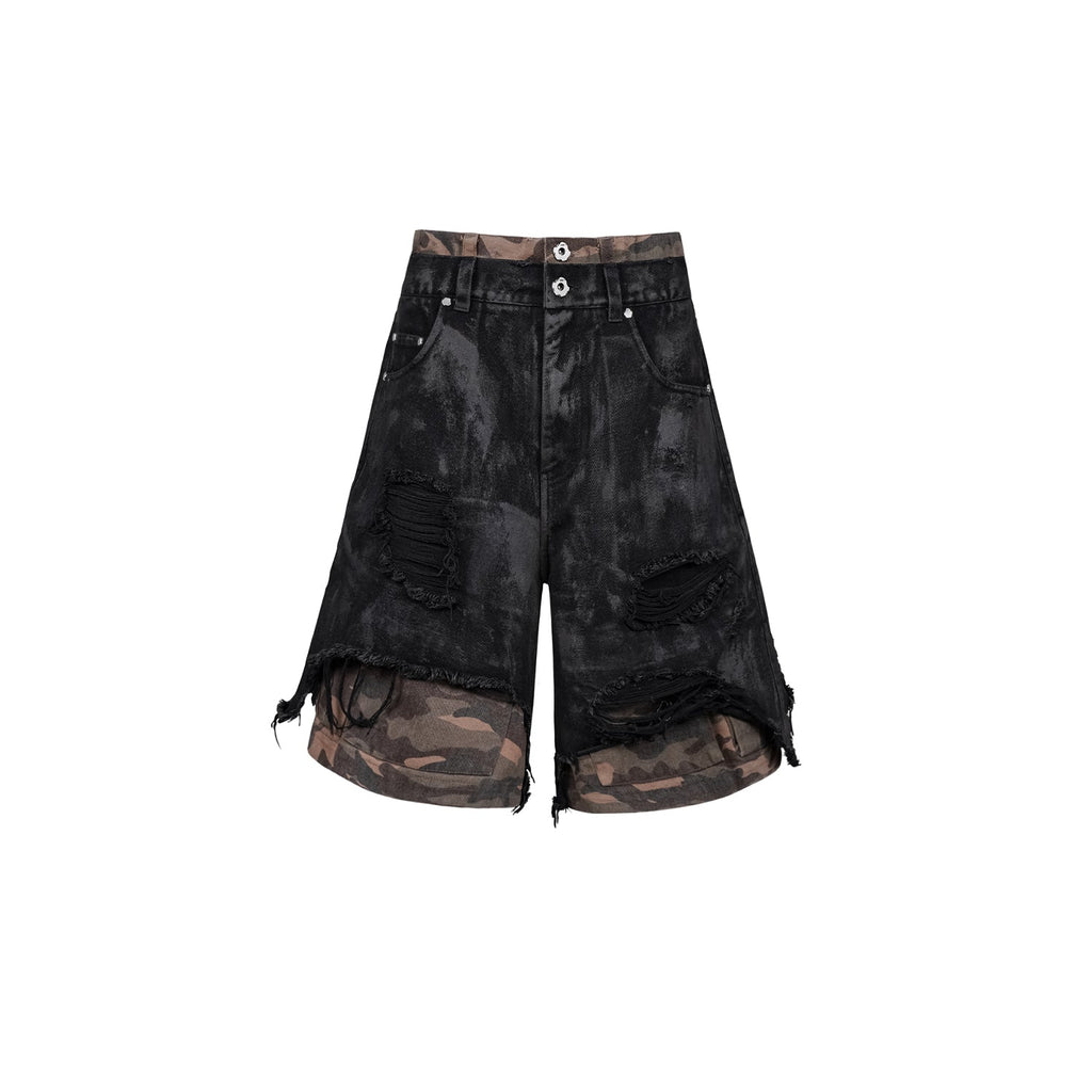 UNDERWATER Double Layer Damage Black Cargo Denim Shorts | Baggy Jorts
