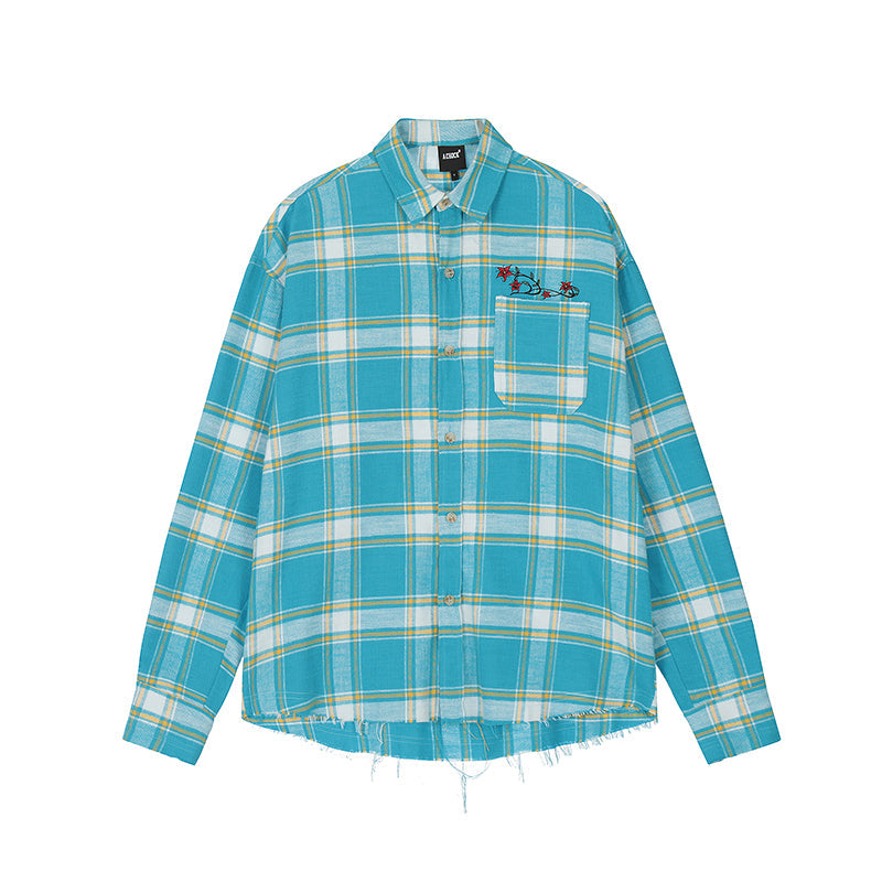 Achock Embroidery Fringe Plaid Long Sleeve Shirt